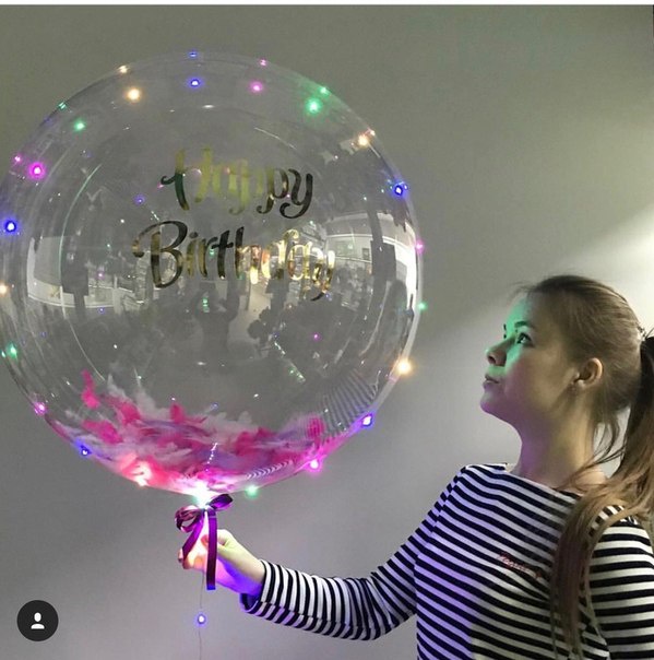 Светящийся Шар Баблс с перьями «Happy Birthday» — 3D шар 60см, прозрачный с подсветкой, доставка в Белгороде